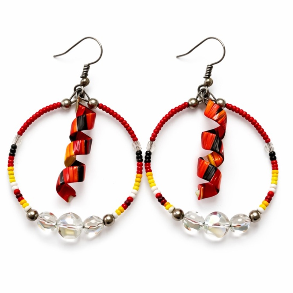 Vibrant Red and Yellow Beaded Hoop Earrings
